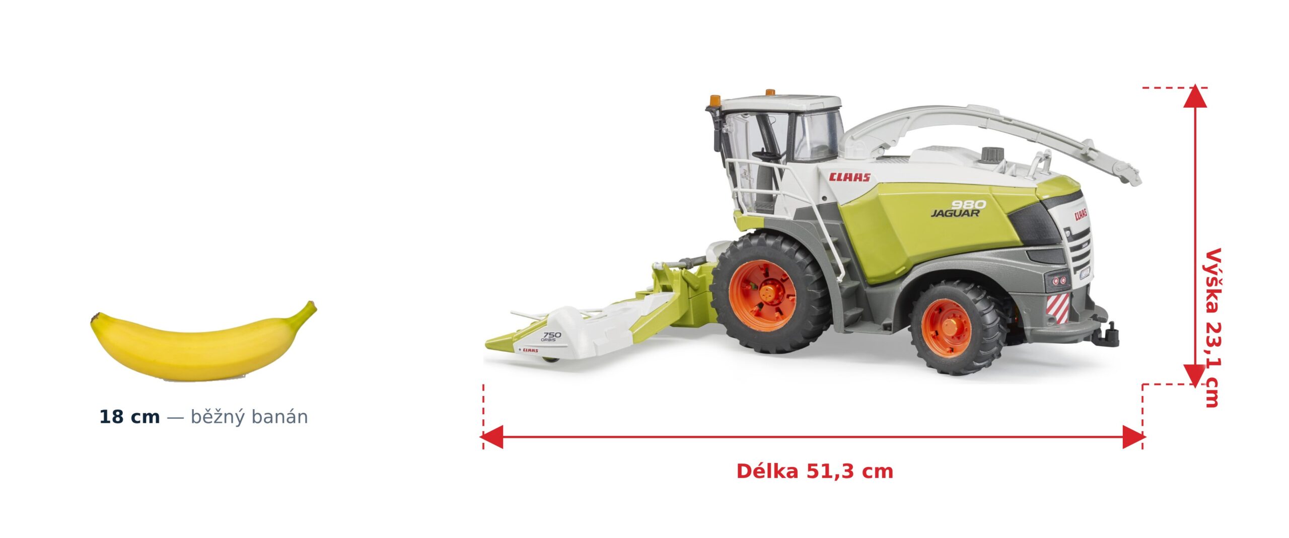 Řezačka Claas Jaguar 980 - Bruder 02134 2 Řezačka Claas Jaguar 980 - Bruder 02134 — skutečná velikost 51,3 × 44,5 × 23,1 cm, porovnání s banánem
