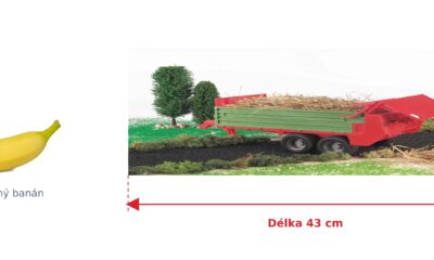 Rozmetadlo hnoje - Bruder 02209 — skutečná velikost 43 × 17,5 × 15 cm, porovnání s banánem