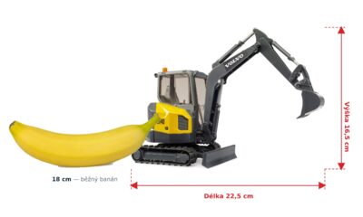 Rypadlo Volvo – Bruder 02465 — skutečná velikost 22,5 × 11,4 × 16,5 cm, porovnání s banánem