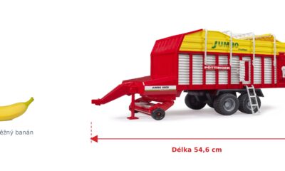 Sběrací vůz na seno Pöttinger Jumbo 6600 - Bruder 02214 — skutečná velikost 54,6 × 18 × 24,5 cm, porovnání s banánem