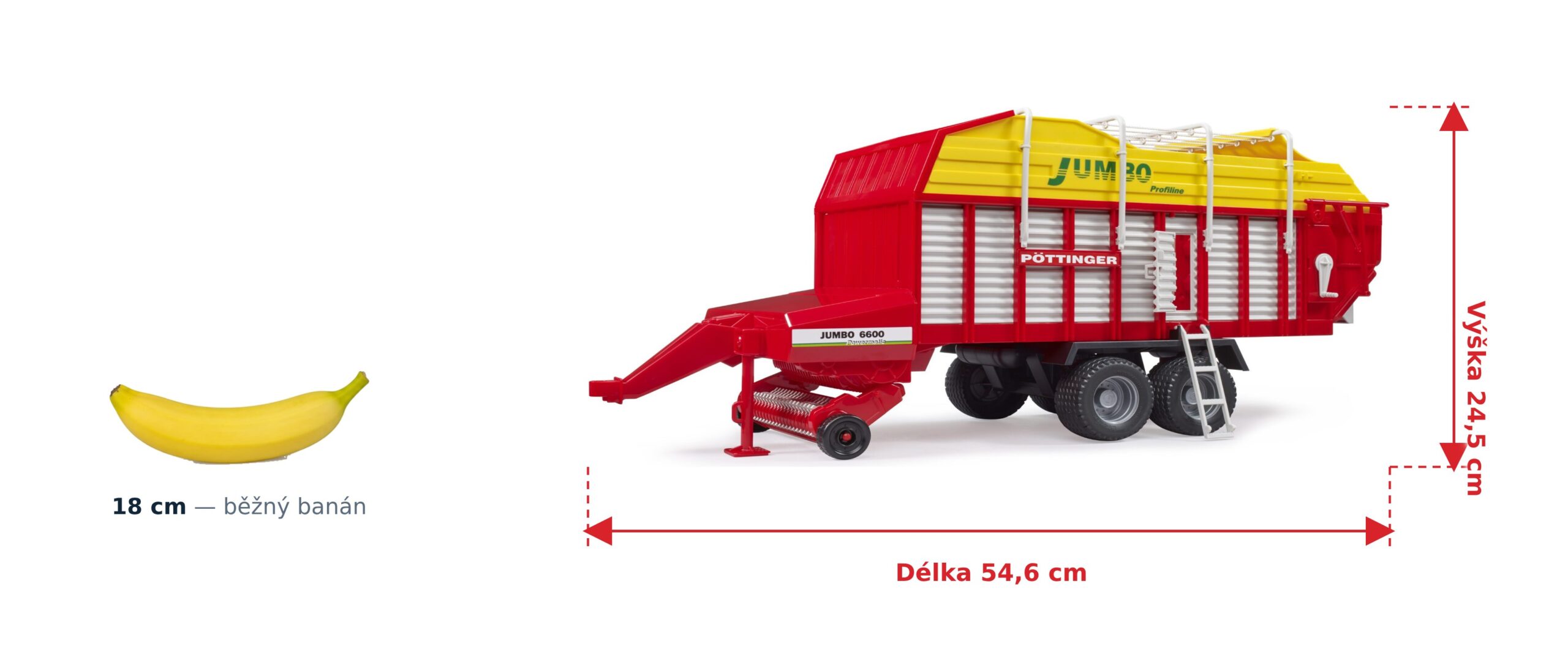 Sběrací vůz na seno Pöttinger Jumbo 6600 - Bruder 02214 2 Sběrací vůz na seno Pöttinger Jumbo 6600 - Bruder 02214 — skutečná velikost 54,6 × 18 × 24,5 cm, porovnání s banánem