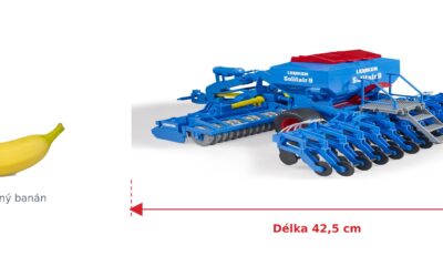 Secí stroj LEMKEN Solitair 9 - Bruder 02026 — skutečná velikost 42,5 × 32 × 15 cm, porovnání s banánem