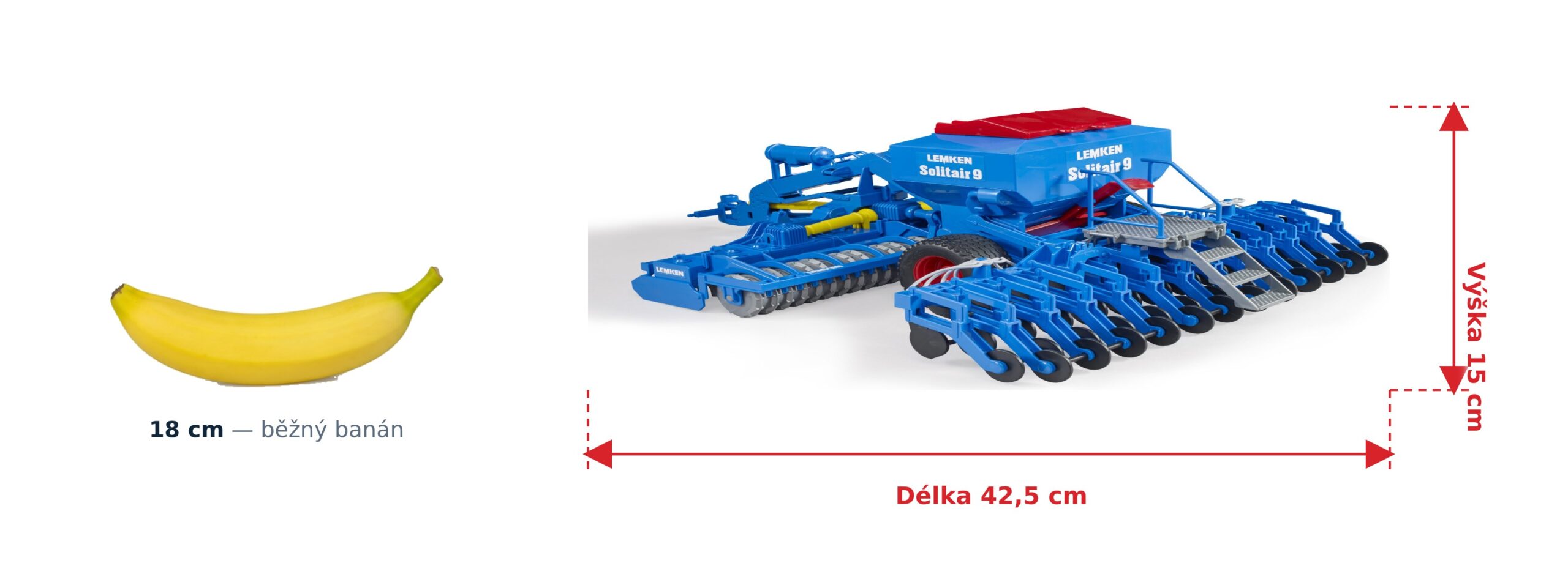 Secí stroj LEMKEN Solitair 9 - Bruder 02026 2 Secí stroj LEMKEN Solitair 9 - Bruder 02026 — skutečná velikost 42,5 × 32 × 15 cm, porovnání s banánem