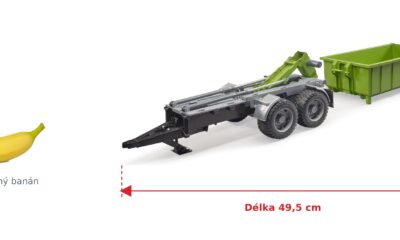 Sklápěcí přívěs - Bruder 02035 — skutečná velikost 49,5 × 18,5 × 19 cm, porovnání s banánem