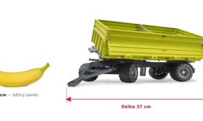 Sklápěcí přívěs Fliegl- Bruder 02203 — skutečná velikost 37 × 16,5 × 18 cm, porovnání s banánem