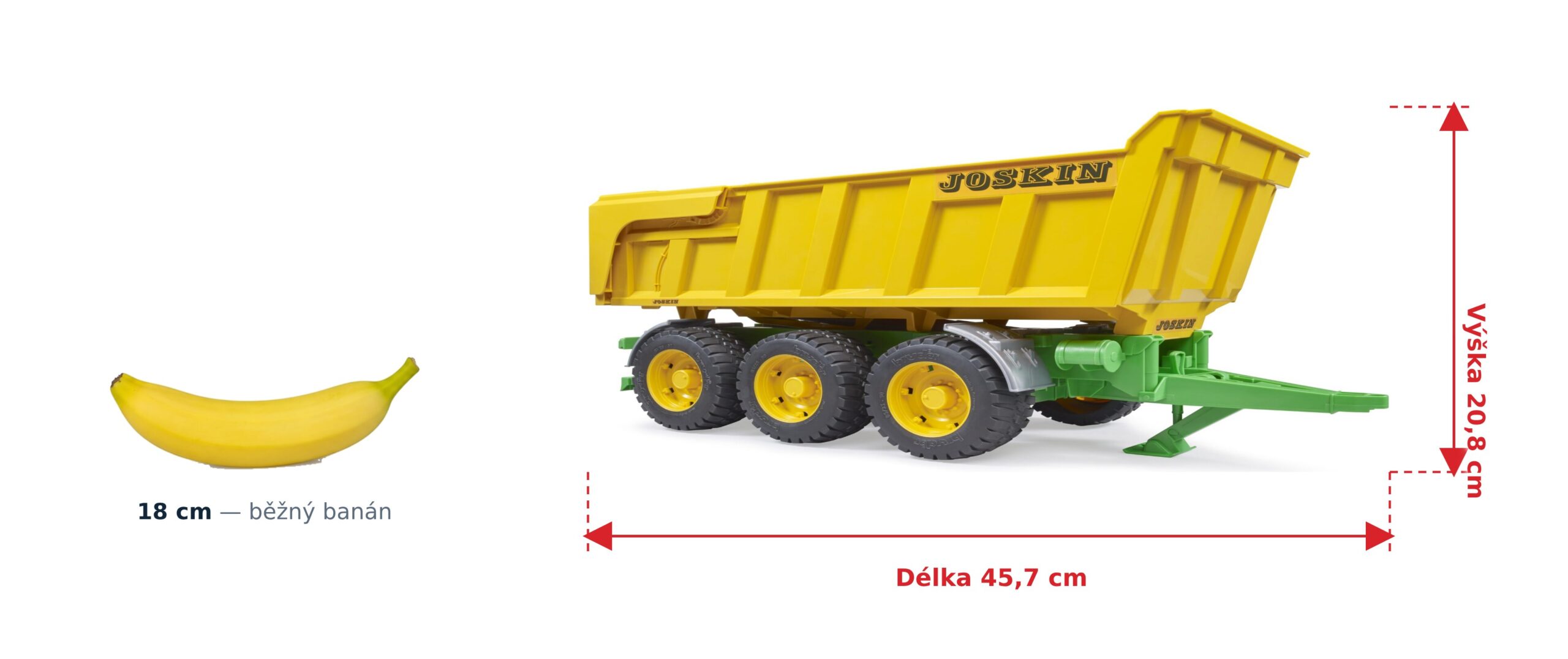 Sklápěcí přívěs Joskin - Bruder 02212 2 Sklápěcí přívěs Joskin - Bruder 02212 — skutečná velikost 45,7 × 18,1 × 20,8 cm, porovnání s banánem