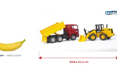 Sklápěčka MAN TGA s nakladačem FR130 - Bruder 02752 — skutečná velikost 41,5 × 17,5 × 21,5 cm, porovnání s banánem