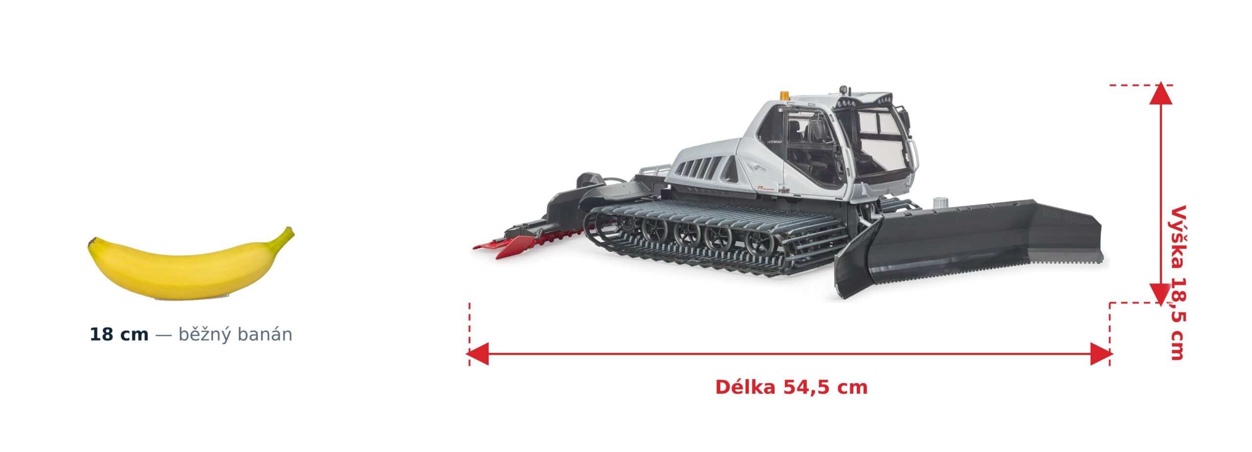 Sněžná rolba Prinoth Leitwolf - Bruder 02545 2 Sněžná rolba Prinoth Leitwolf - Bruder 02545 — skutečná velikost 54,5 × 37 × 18,5 cm, porovnání s banánem