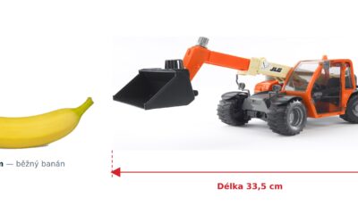 Teleskopický nakladač JLG - Bruder 02140 — skutečná velikost 33,5 × 14,2 × 14 cm, porovnání s banánem