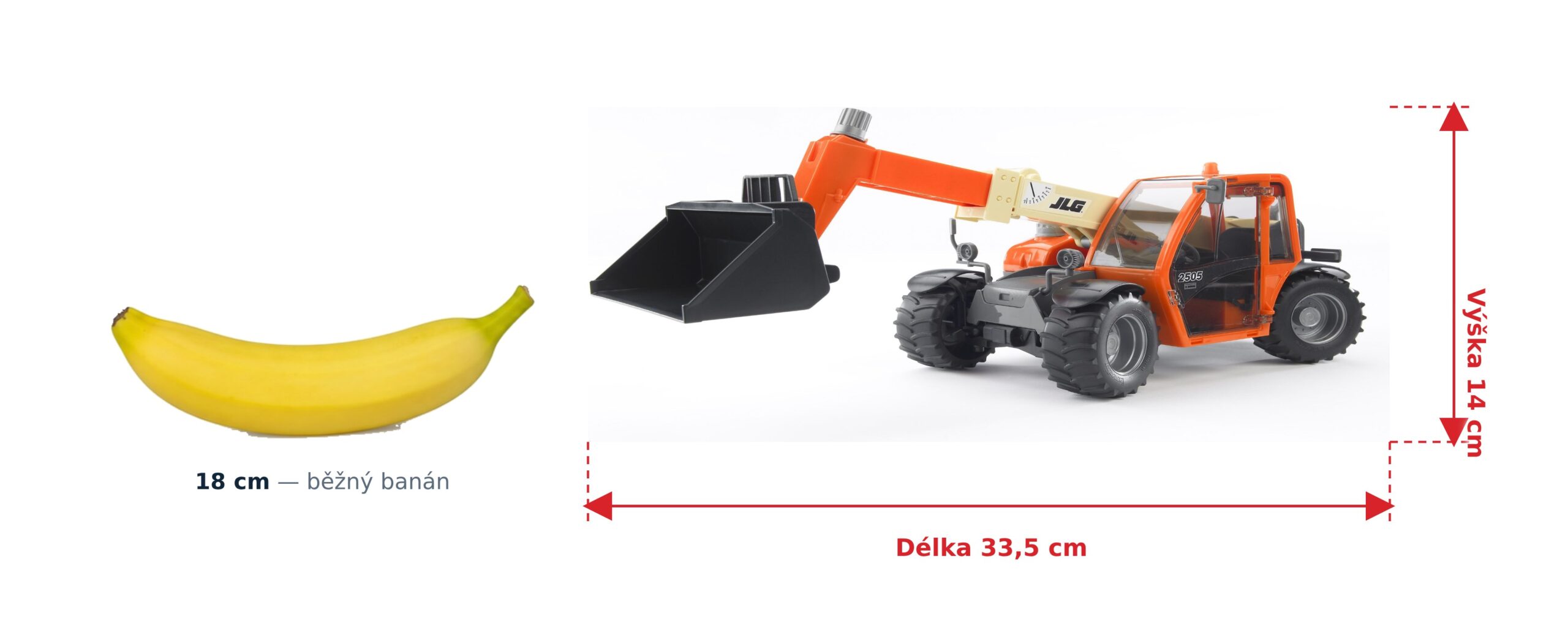 Teleskopický nakladač JLG - Bruder 02140 2 Teleskopický nakladač JLG - Bruder 02140 — skutečná velikost 33,5 × 14,2 × 14 cm, porovnání s banánem