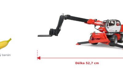 Teleskopický nakladač Manitou MRT 2150 - Bruder 02129 — skutečná velikost 52,7 × 16,8 × 20 cm, porovnání s banánem
