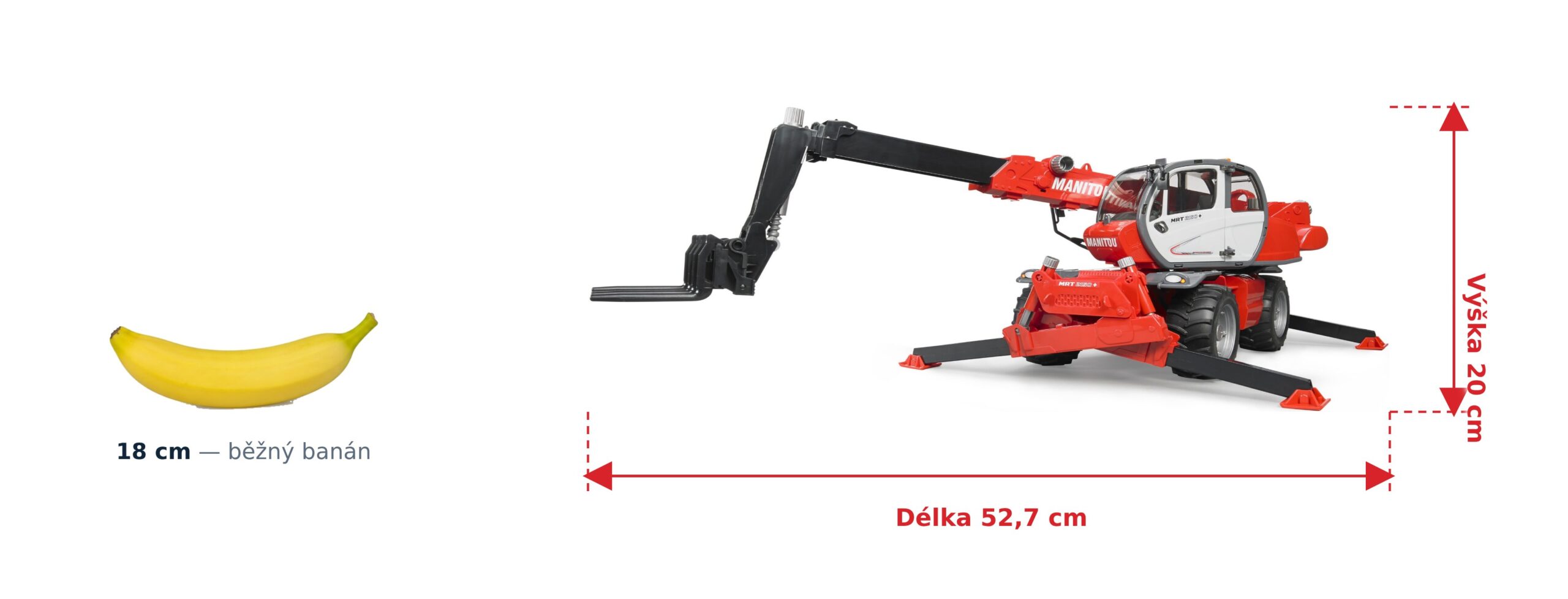 Teleskopický nakladač Manitou MRT 2150 - Bruder 02129 2 Teleskopický nakladač Manitou MRT 2150 - Bruder 02129 — skutečná velikost 52,7 × 16,8 × 20 cm, porovnání s banánem