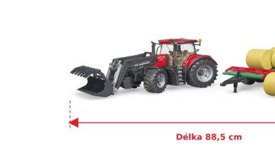 Traktor Case s nakladačem a přepravníkem balíků - Bruder 03198 — skutečná velikost 88,5 × 18 × 20,5 cm, porovnání s banánem