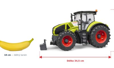 Traktor Claas Axion 950 - Bruder 03012 — skutečná velikost 34,5 × 18 × 20,5 cm, porovnání s banánem