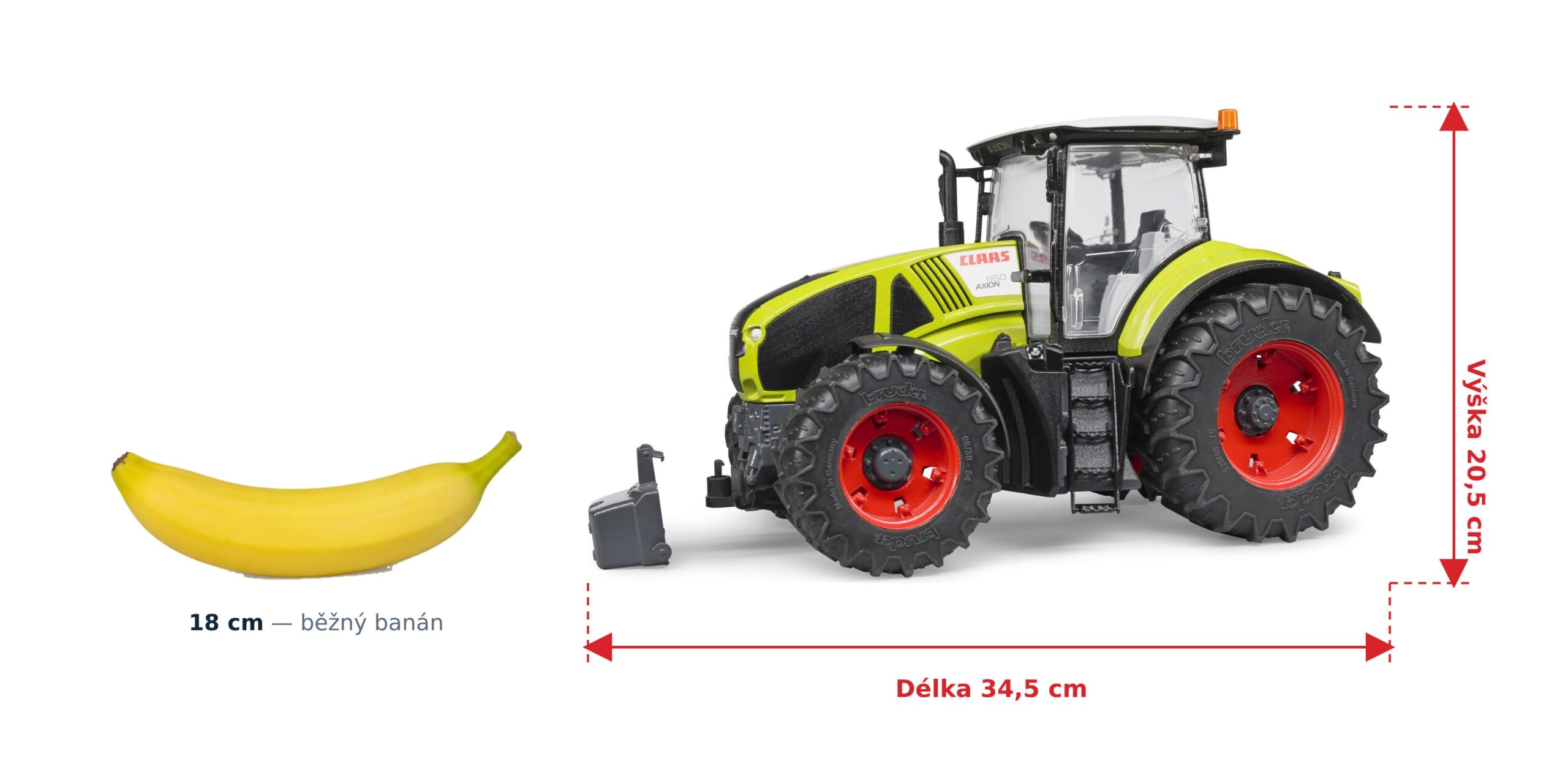 Traktor Claas Axion 950 - Bruder 03012 2 Traktor Claas Axion 950 - Bruder 03012 — skutečná velikost 34,5 × 18 × 20,5 cm, porovnání s banánem