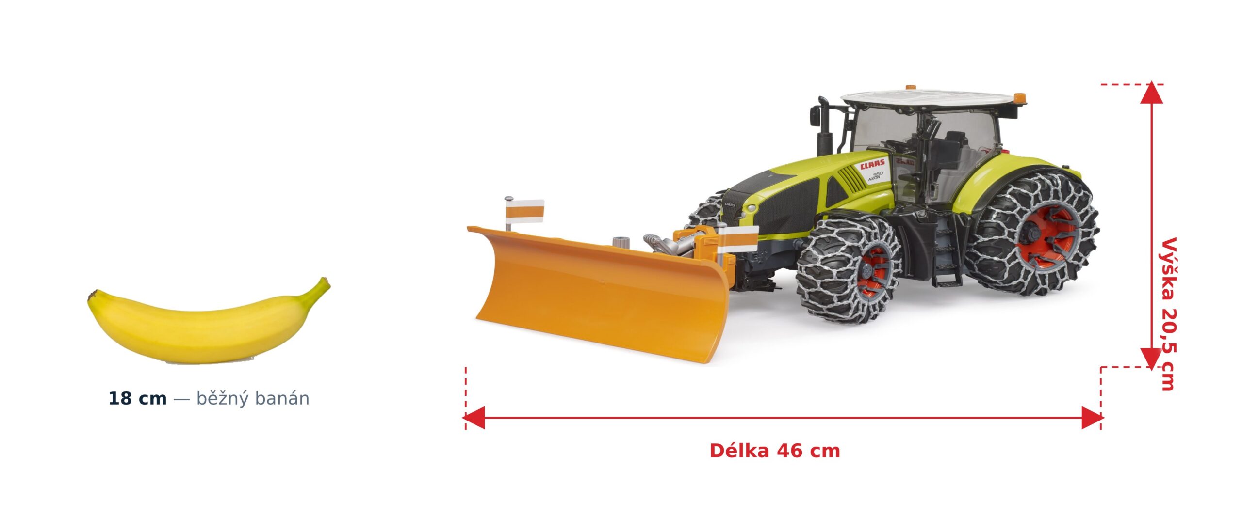 Traktor Claas Axion 950 se sněžnou radlicí a řetězy - Bruder 03018 2 Traktor Claas Axion 950 se sněžnou radlicí a řetězy - Bruder 03018 — skutečná velikost 46 × 21 × 20,5 cm, porovnání s banánem