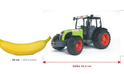 Traktor Claas Nectis 267 F - Bruder 02110 — skutečná velikost 25,2 × 12,9 × 15 cm, porovnání s banánem