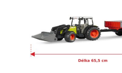 Traktor Claas Nectis 267 F s nakladačem a sklápěčem - Bruder 02112 — skutečná velikost 65,5 × 12,9 × 15 cm, porovnání s banánem