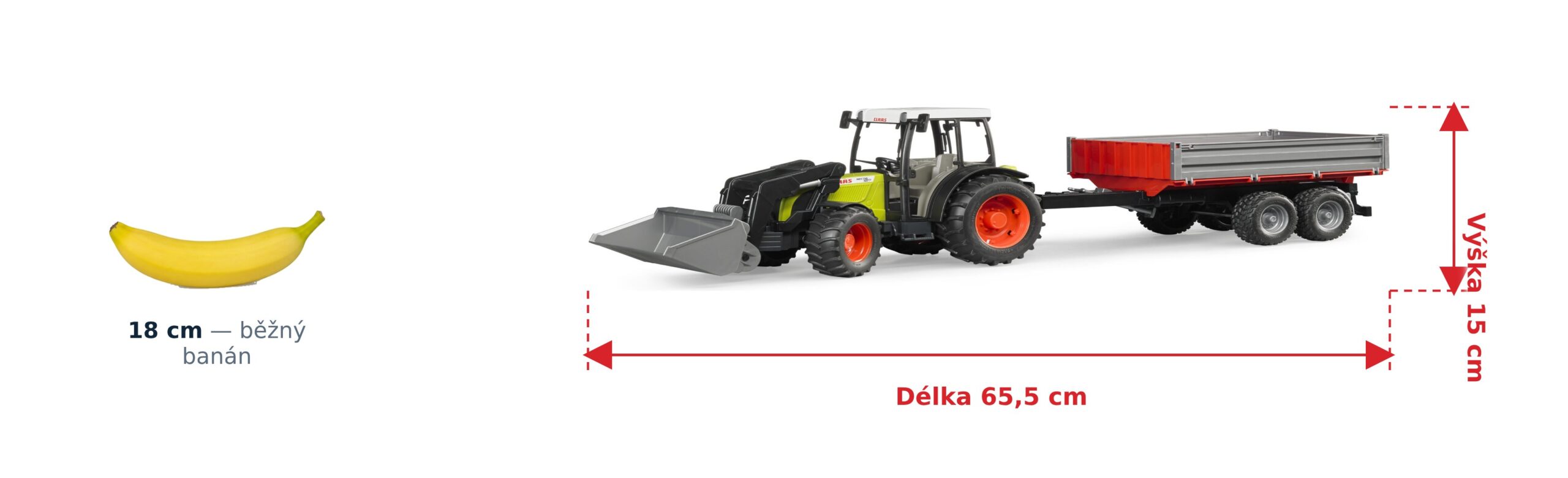 Traktor Claas Nectis 267 F s nakladačem a sklápěčem - Bruder 02112 2 Traktor Claas Nectis 267 F s nakladačem a sklápěčem - Bruder 02112 — skutečná velikost 65,5 × 12,9 × 15 cm, porovnání s banánem