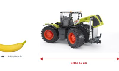 Traktor Claas Xerion 5000 - Bruder 03015 — skutečná velikost 42 × 19 × 22,5 cm, porovnání s banánem