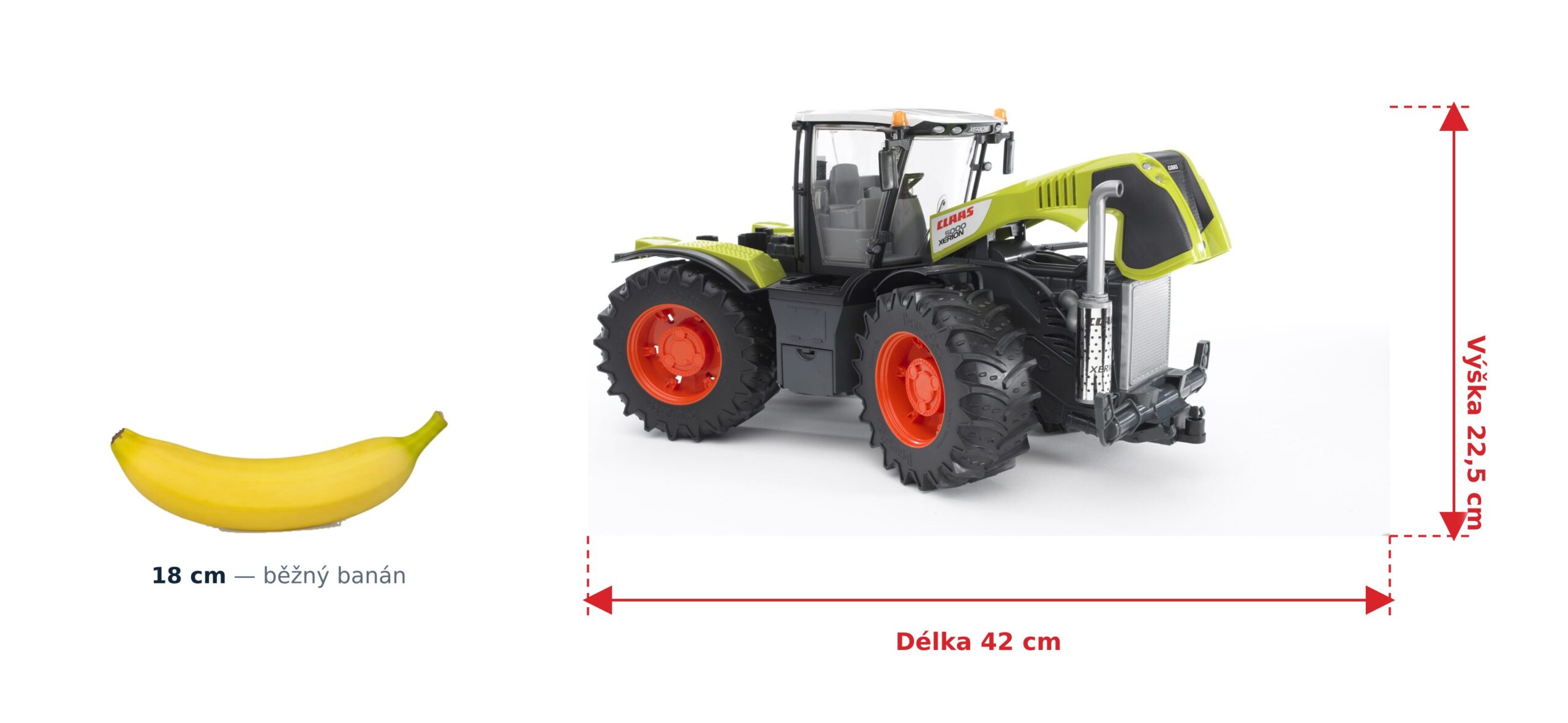 Traktor Claas Xerion 5000 - Bruder 03015 2 Traktor Claas Xerion 5000 - Bruder 03015 — skutečná velikost 42 × 19 × 22,5 cm, porovnání s banánem