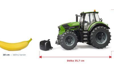 Traktor Deutz 8280 TTV - Bruder 03160 — skutečná velikost 35,7 × 17,8 × 20,8 cm, porovnání s banánem