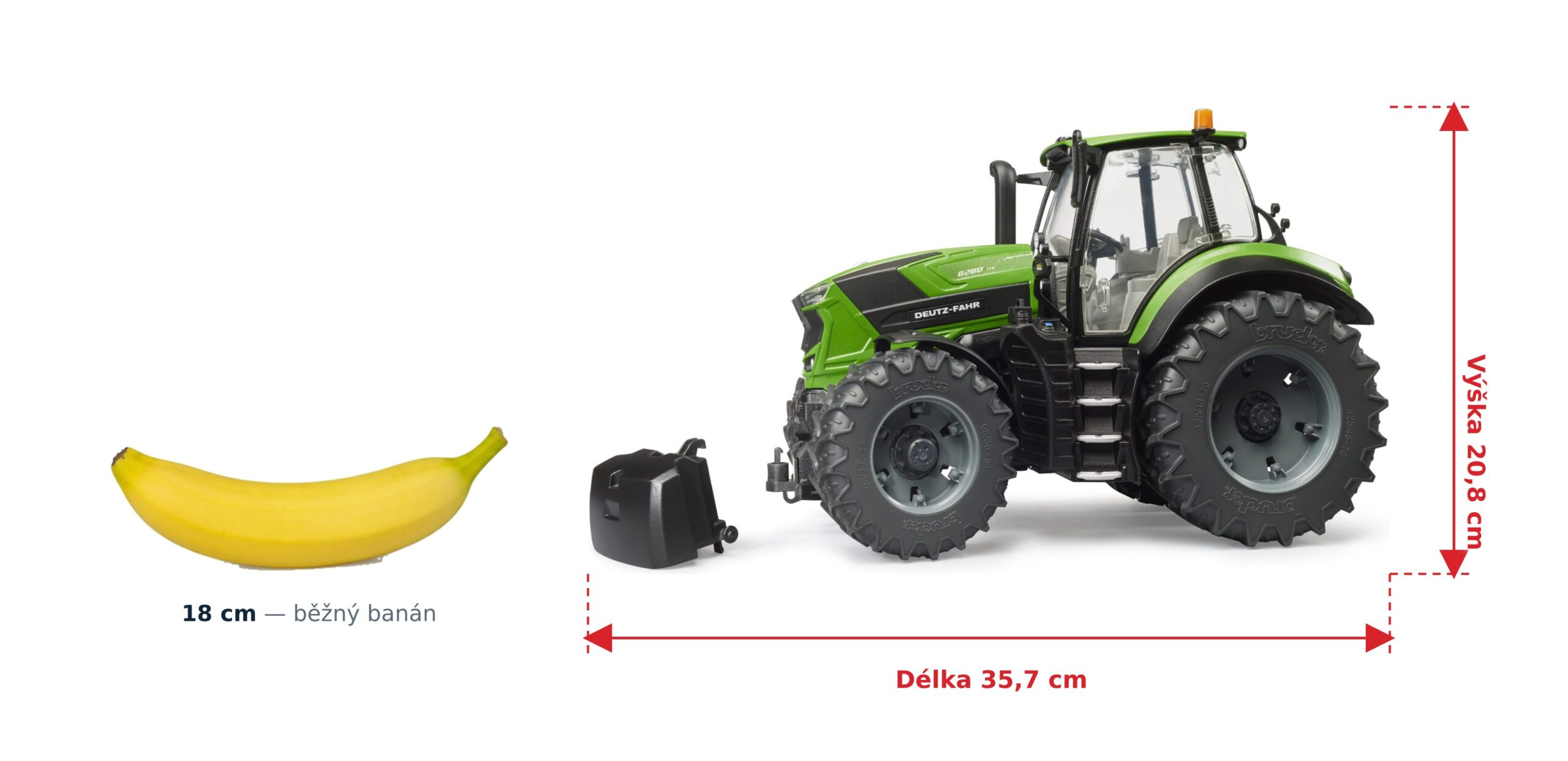 Traktor Deutz 8280 TTV - Bruder 03160 2 Traktor Deutz 8280 TTV - Bruder 03160 — skutečná velikost 35,7 × 17,8 × 20,8 cm, porovnání s banánem