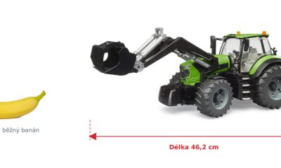 Traktor Deutz 8280 TTV s čelním nakladačem - Bruder 03161 — skutečná velikost 46,2 × 17,8 × 20,8 cm, porovnání s banánem