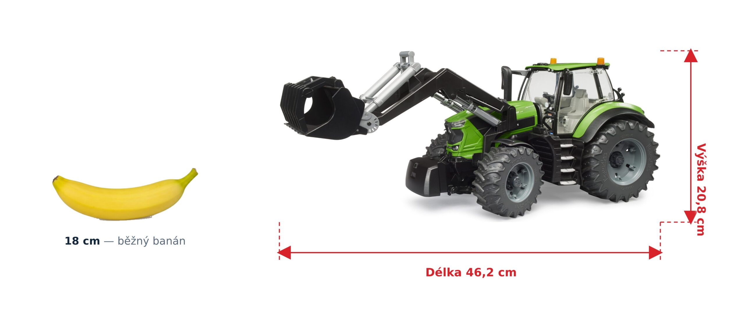Traktor Deutz 8280 TTV s čelním nakladačem - Bruder 03161 2 Traktor Deutz 8280 TTV s čelním nakladačem - Bruder 03161 — skutečná velikost 46,2 × 17,8 × 20,8 cm, porovnání s banánem