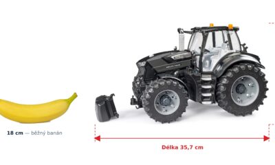 Traktor DEUTZ-FAHR 8280 TTV Warrior - Bruder 03162 — skutečná velikost 35,7 × 17,8 × 20,8 cm, porovnání s banánem