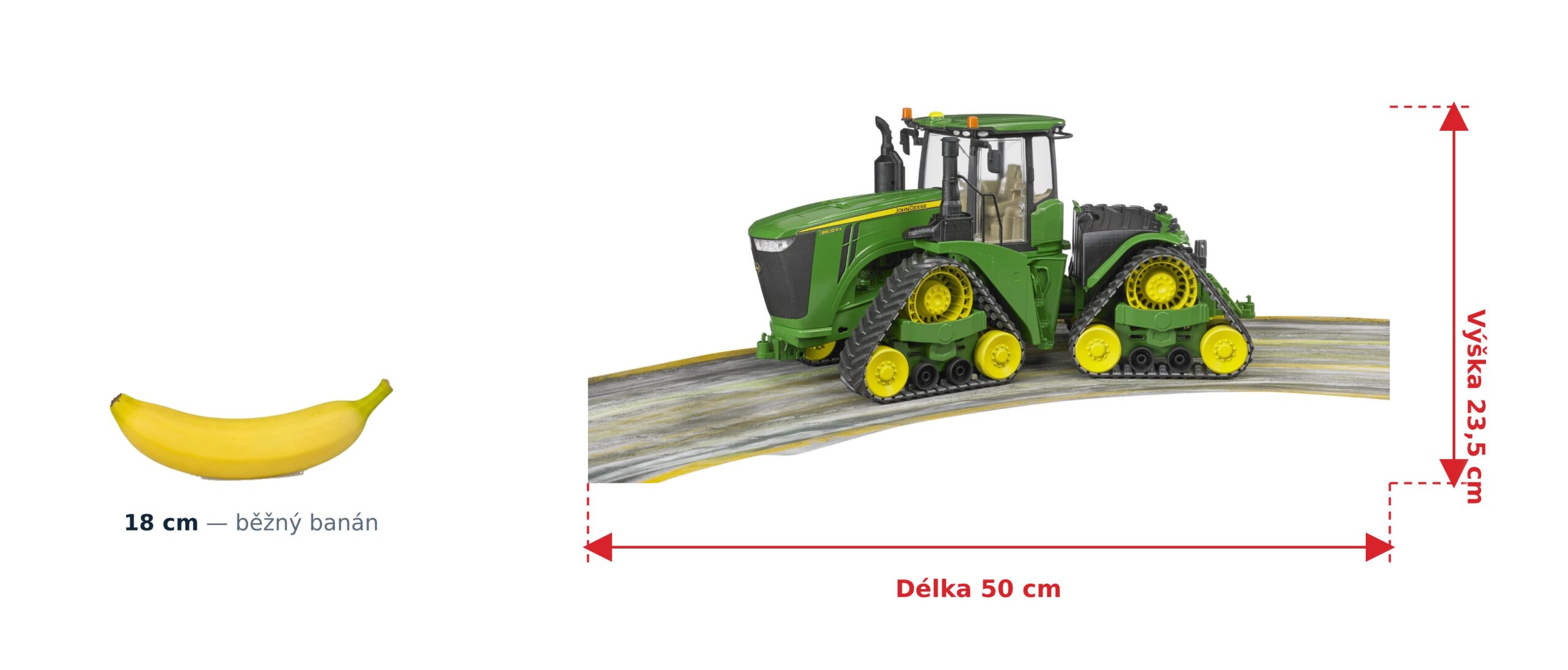 Pásový traktor John Deere 9620RX - Bruder 04055 2 Pásový traktor John Deere 9620RX - Bruder 04055 — skutečná velikost 50 × 19 × 23,5 cm, porovnání s banánem