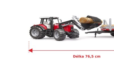 Traktor Massey Ferguson 7480 s nakladačem a valníkem na dřevo - Bruder 02046 — skutečná velikost 76,5 × 16,5 × 17,5 cm, porovnání s banánem