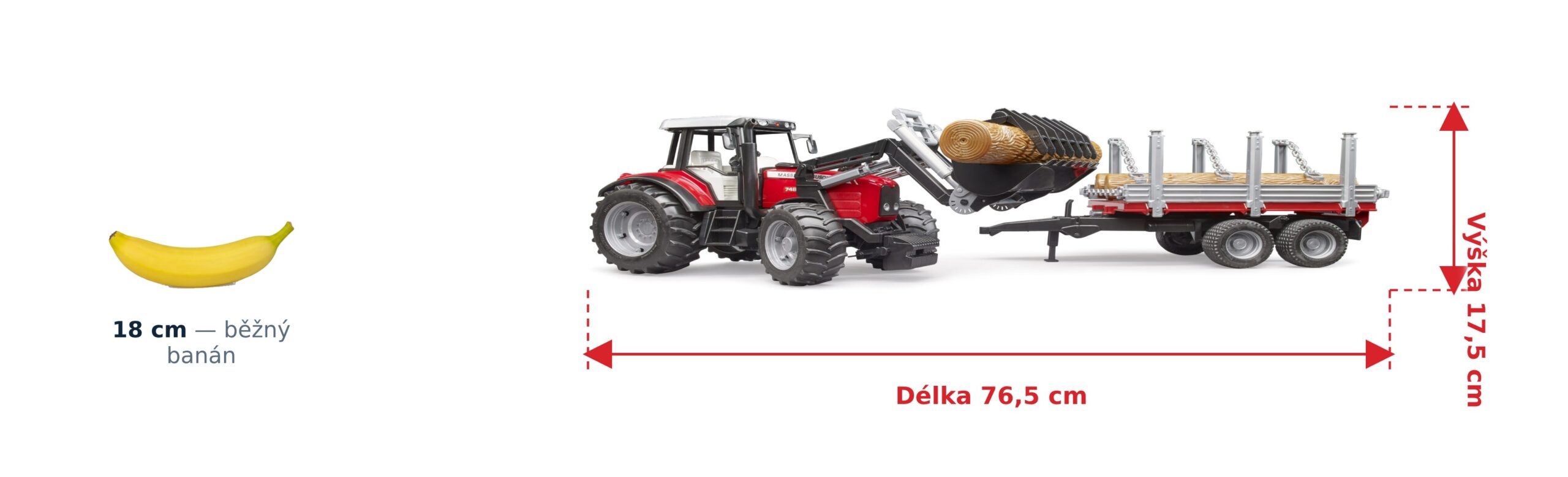 Traktor Massey Ferguson 7480 s nakladačem a valníkem na dřevo - Bruder 02046 2 Traktor Massey Ferguson 7480 s nakladačem a valníkem na dřevo - Bruder 02046 — skutečná velikost 76,5 × 16,5 × 17,5 cm, porovnání s banánem