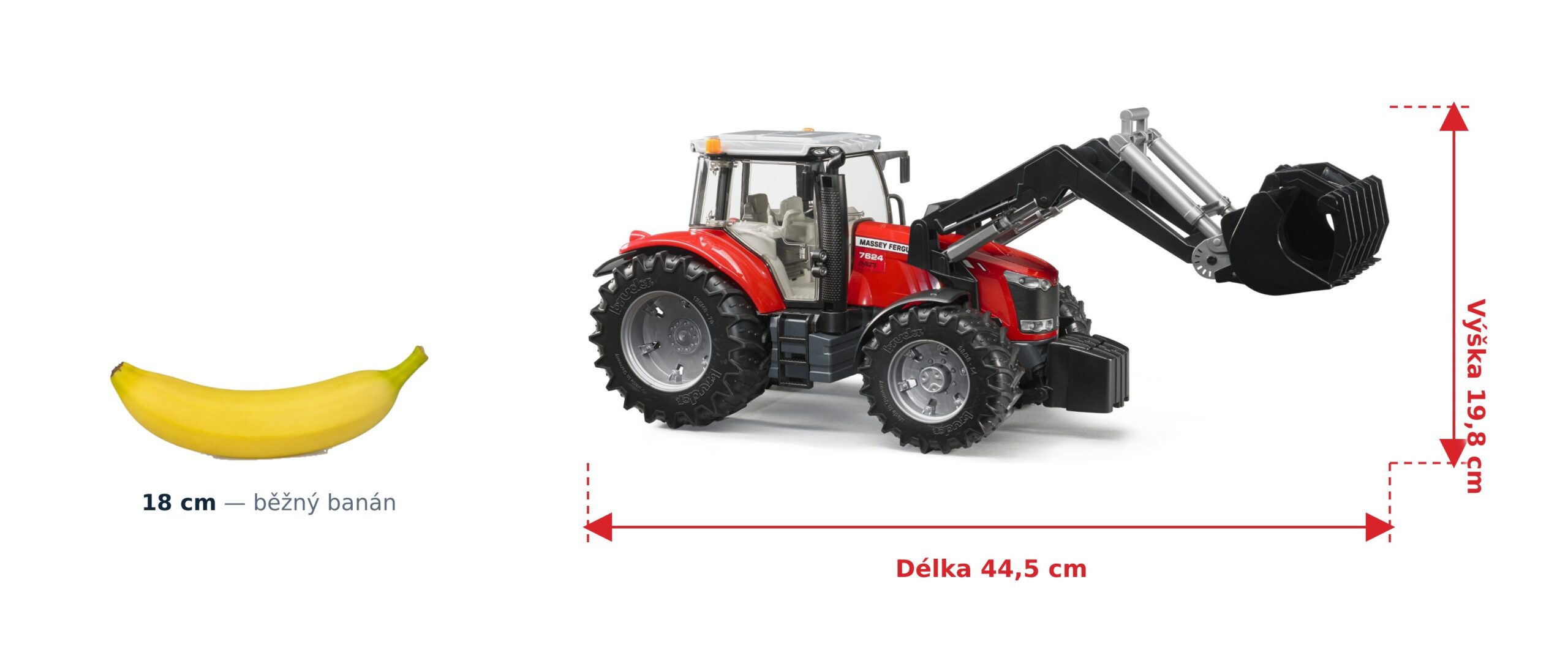 Traktor Massey Ferguson 7624 s nakladačem - Bruder 03047 2 Traktor Massey Ferguson 7624 s nakladačem - Bruder 03047 — skutečná velikost 44,5 × 17,5 × 19,8 cm, porovnání s banánem