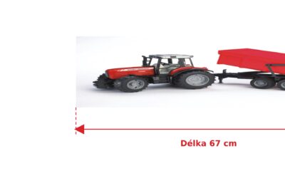 Traktor Massey Ferguson 7480 s valníkem - Bruder 02045 — skutečná velikost 67 × 16,5 × 17,5 cm, porovnání s banánem