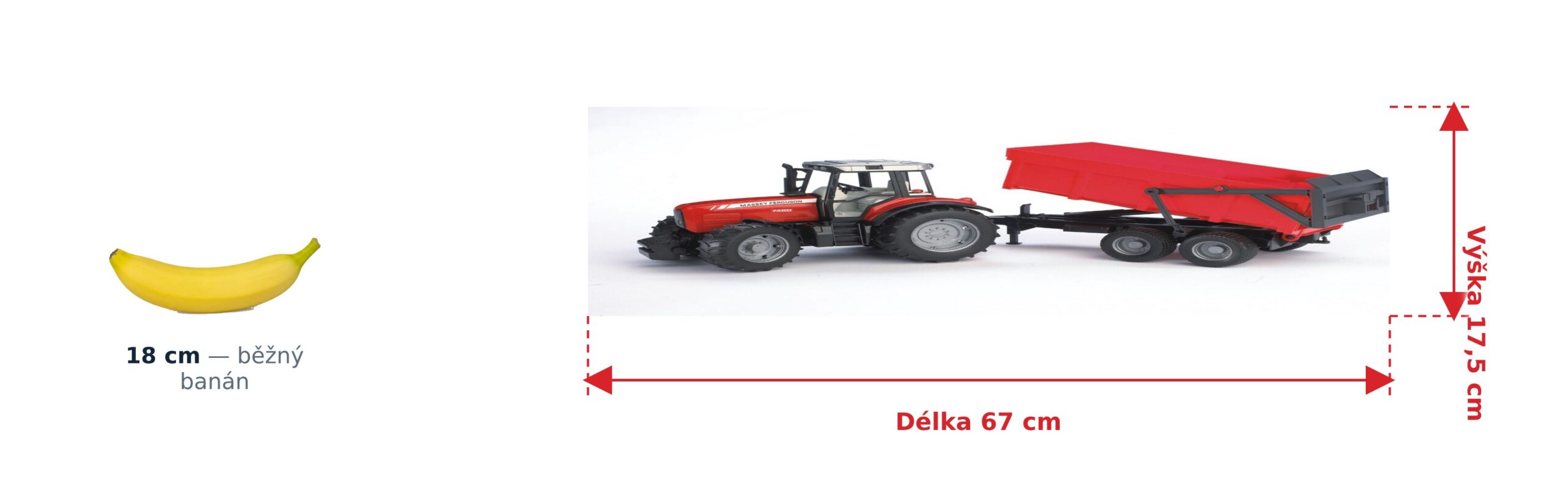 Traktor Massey Ferguson 7480 s valníkem - Bruder 02045 2 Traktor Massey Ferguson 7480 s valníkem - Bruder 02045 — skutečná velikost 67 × 16,5 × 17,5 cm, porovnání s banánem