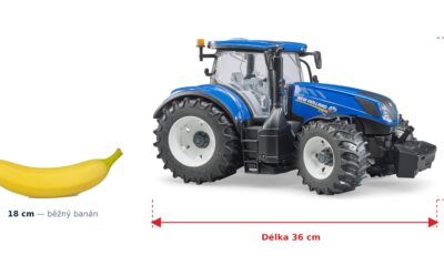 Traktor New Holland - Bruder 03120 — skutečná velikost 36 × 17,5 × 20,5 cm, porovnání s banánem