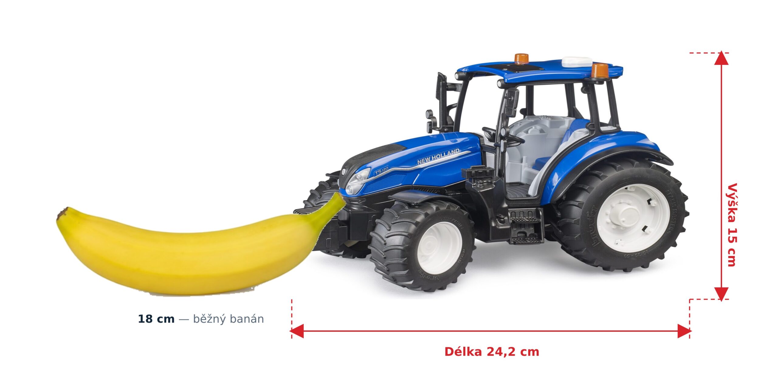 Traktor New Holland T5.120 - Bruder 02184 2 Traktor New Holland T5.120 - Bruder 02184 — skutečná velikost 24,2 × 12,5 × 15 cm, porovnání s banánem