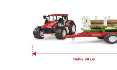 Traktor Roadmax s valníkem se dřevem - Bruder 03453 — skutečná velikost 68 × 17,8 × 20 cm, porovnání s banánem