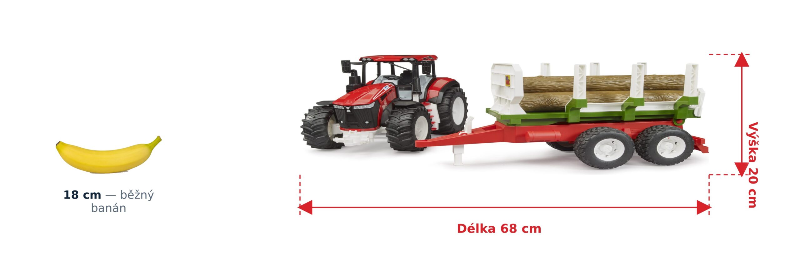 Traktor Roadmax s valníkem se dřevem - Bruder 03453 2 Traktor Roadmax s valníkem se dřevem - Bruder 03453 — skutečná velikost 68 × 17,8 × 20 cm, porovnání s banánem