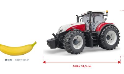 Traktor Steyr 6300 Terrus - Bruder 03180 — skutečná velikost 34,5 × 18 × 20,5 cm, porovnání s banánem