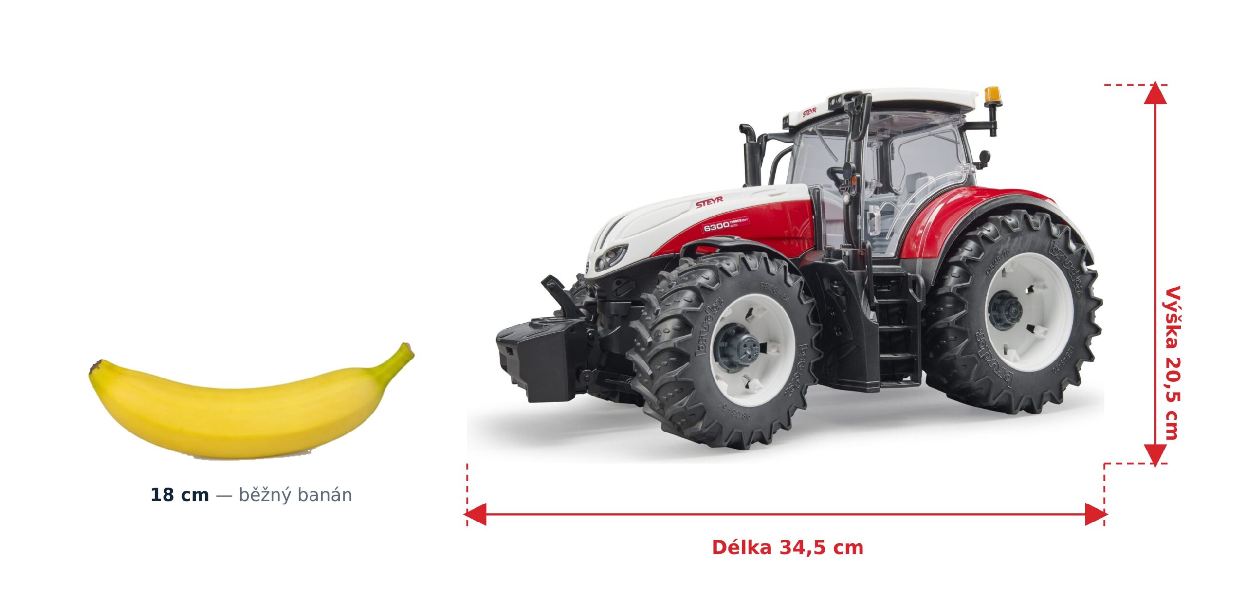 Traktor Steyr 6300 Terrus - Bruder 03180 2 Traktor Steyr 6300 Terrus - Bruder 03180 — skutečná velikost 34,5 × 18 × 20,5 cm, porovnání s banánem
