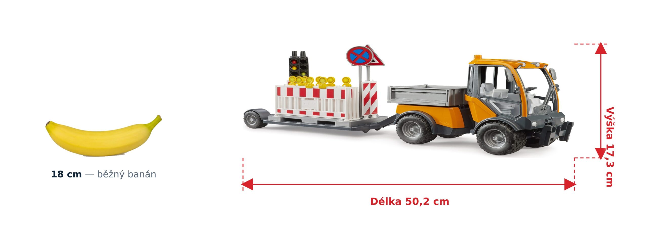 VarioCar s valníkem a přívěsem s dopravním značením - Bruder 02693 2 VarioCar s valníkem a přívěsem s dopravním značením - Bruder 02693 — skutečná velikost 50,2 × 10,5 × 17,3 cm, porovnání s banánem