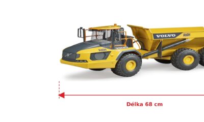 Volvo Dumper A60H - Bruder 02455 — skutečná velikost 68 × 22,5 × 22,5 cm, porovnání s banánem