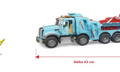 Vyprošťovací a odtahový vůz MACK Granite - Bruder 02831 — skutečná velikost 63 × 21 × 23 cm, porovnání s banánem