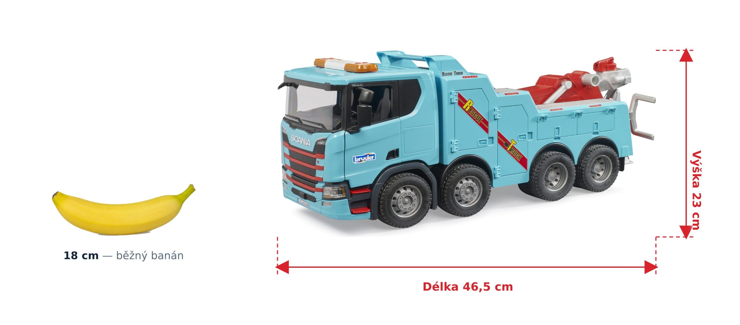 Vyprošťovací a odtahový vůz Scania Super 560R - Bruder 03553 2 Vyprošťovací a odtahový vůz Scania Super 560R - Bruder 03553 — skutečná velikost 46,5 × 20,5 × 23 cm, porovnání s banánem