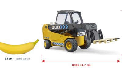 Vysokozdvižný vozík JCB - Bruder 02512 — skutečná velikost 31,7 × 11 × 18,2 cm, porovnání s banánem
