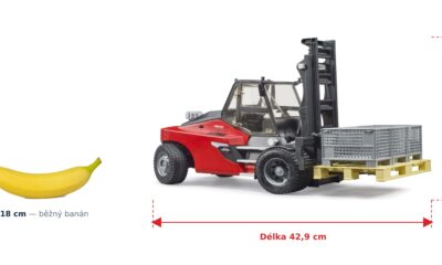 Vysokozdvižný vozík Linde HT 160D - Bruder 02513 — skutečná velikost 42,9 × 18 × 25,1 cm, porovnání s banánem
