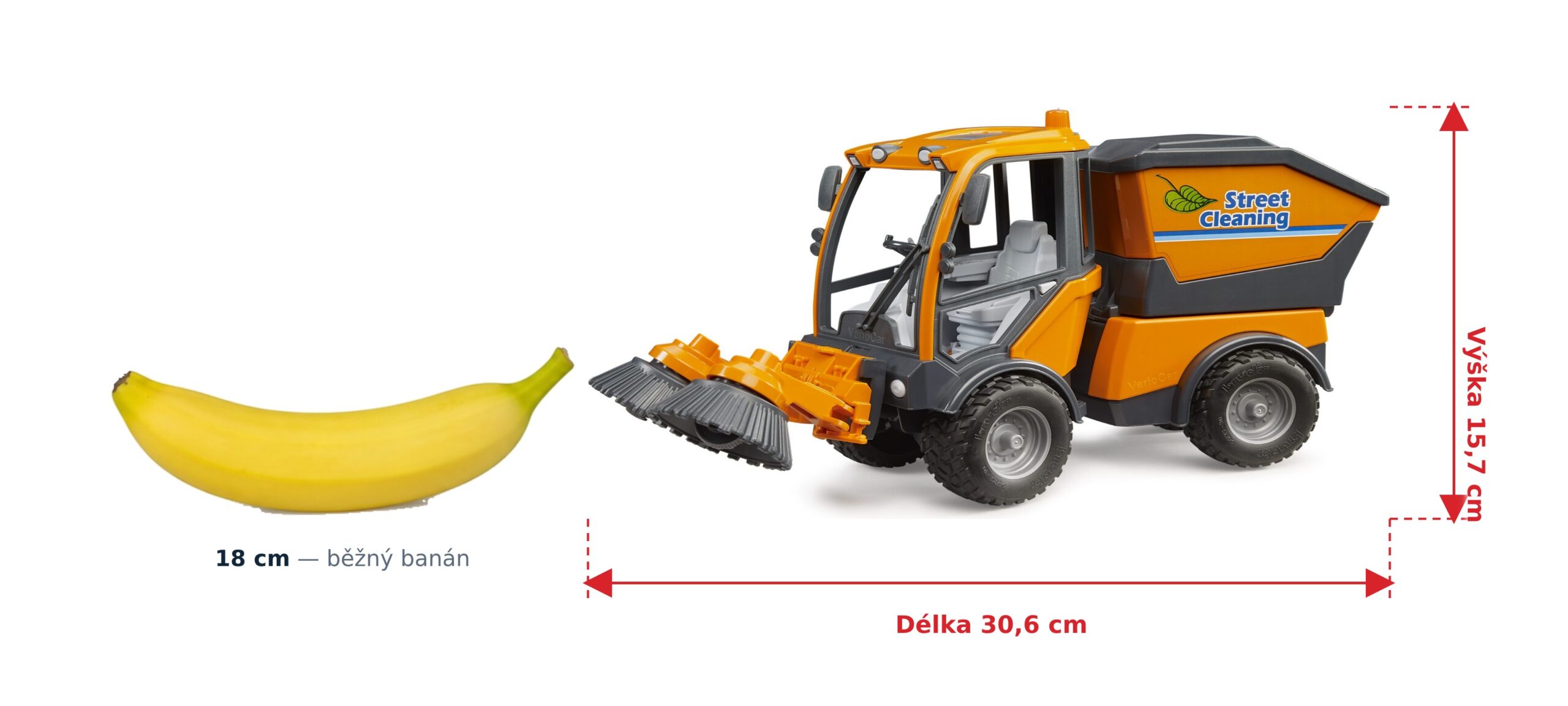 Zametací vůz VarioCar na čištění ulic - Bruder 02691 2 Zametací vůz VarioCar na čištění ulic - Bruder 02691 — skutečná velikost 30,6 × 10,5 × 15,7 cm, porovnání s banánem