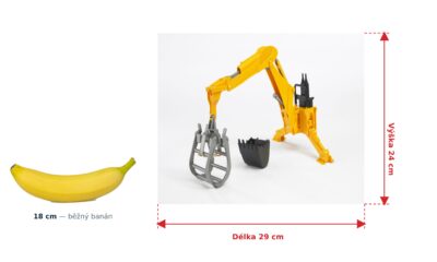 Závěsný bagr / nakladač za traktor - Bruder 02338 — skutečná velikost 29 × 18 × 24 cm, porovnání s banánem